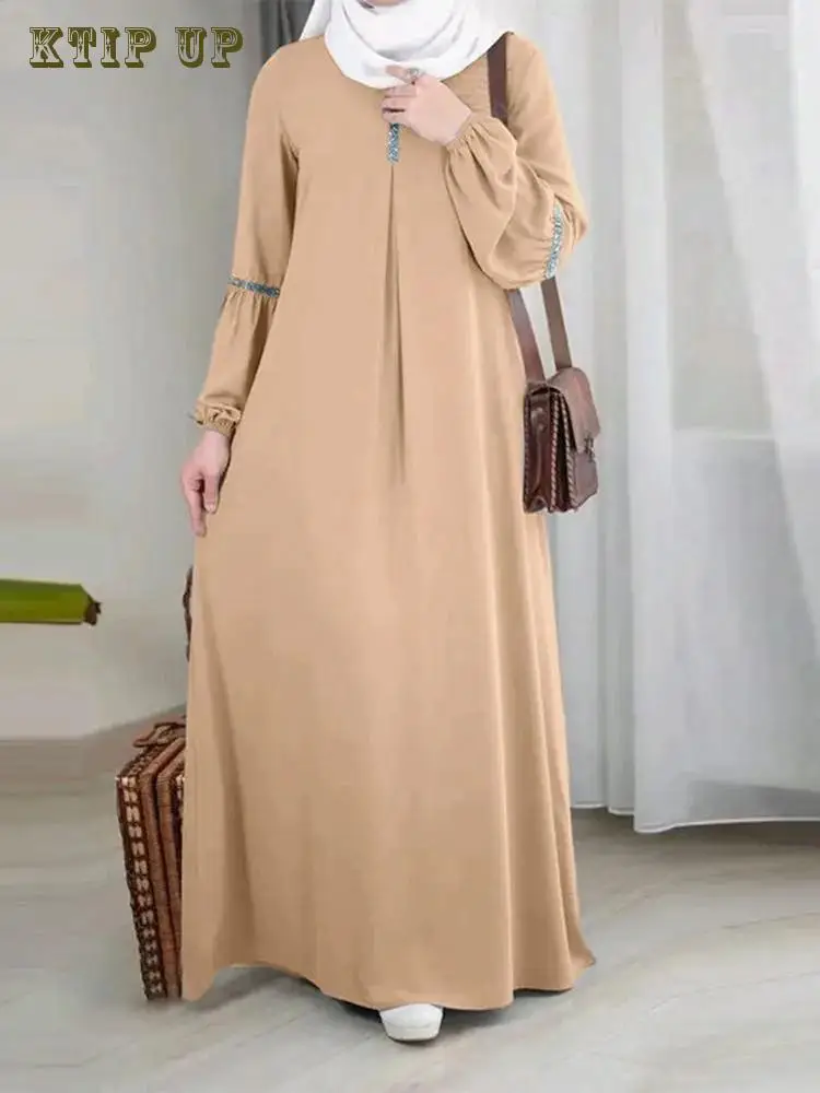 Middle East Dubai Arab Fashion Long Sleeved Muslim Morocco Abaya Dress Casual Sequin Sun Dress Solid Robe Clothing Maxi Dresses