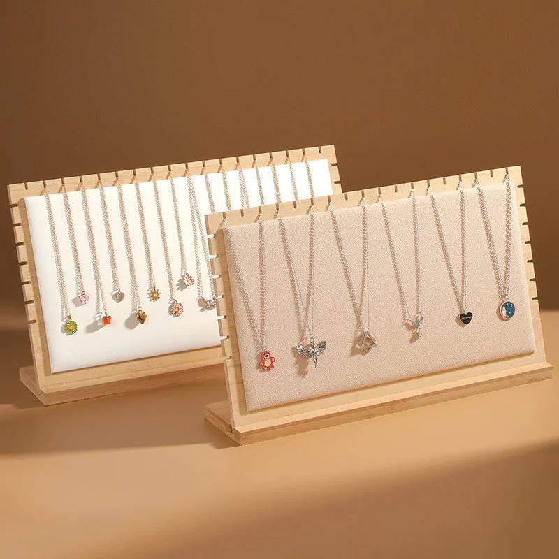 Creative Bamboo Necklace Display Stand with Leather Mat - Solid Wood Jewelry Organizer for Home/Shop Store Selling Show