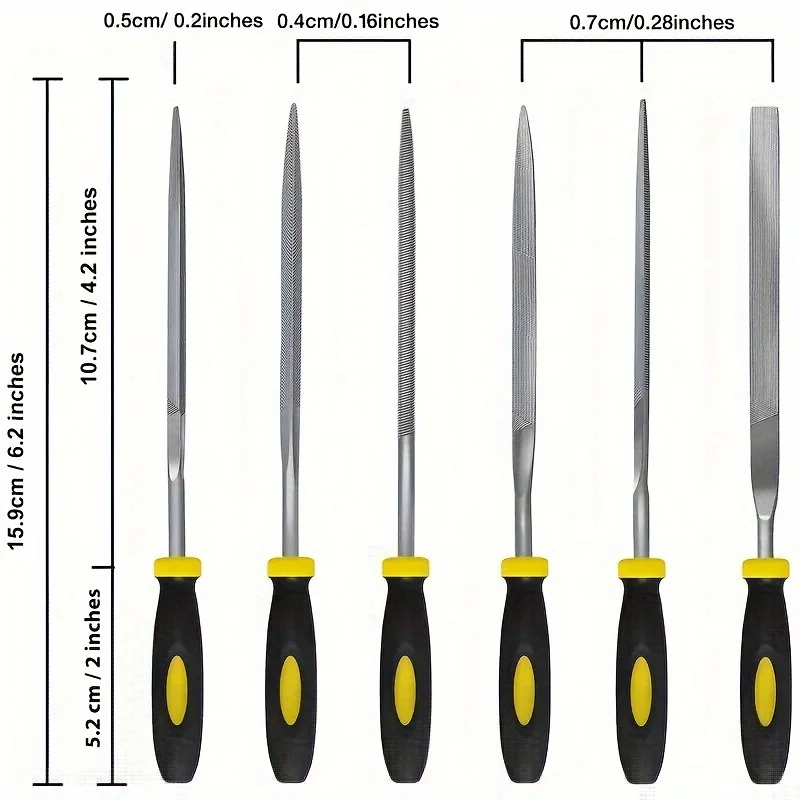 6-Piece Needle File Kit with High Temperature Quenching and Rubber Handle - Includes 6 Shapes Flat, Flat Warding, Square, Triang