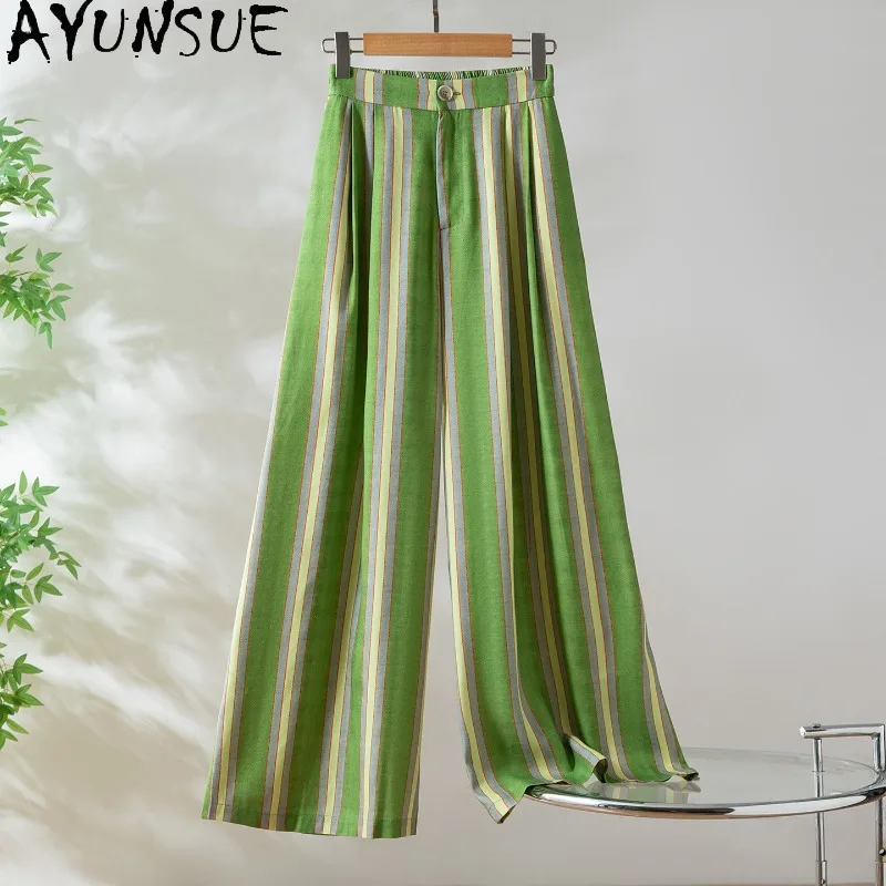 

AYUNSUE 100% Silk Women's Pants and Trousers Casual Striped Long Pants Spring Summer Wide-leg Pants for Woman Clothes Штаны