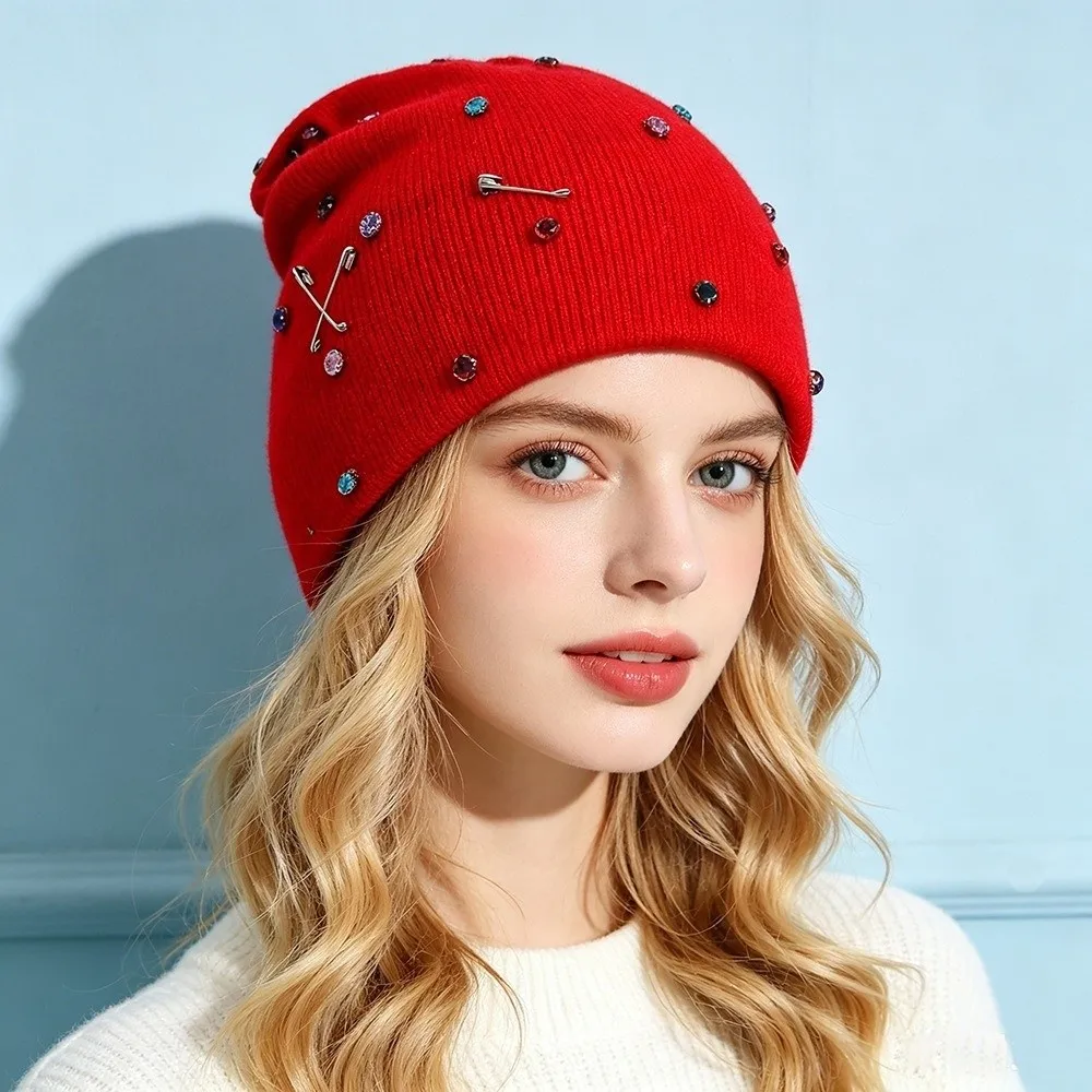Versatile Ear Protection Rhinestone Beanie Hat Elastic Solid Color Knitted Beanie Hat Loose Fold Cuff Pullover Hat Daily Wear 2