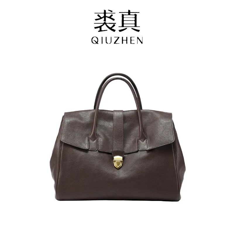 Qiuzhen Vintage Vegetable-Tanned Full-Grain Cowhide Leather Handheld Briefcase for Women - Large Capacity Commuter Bag