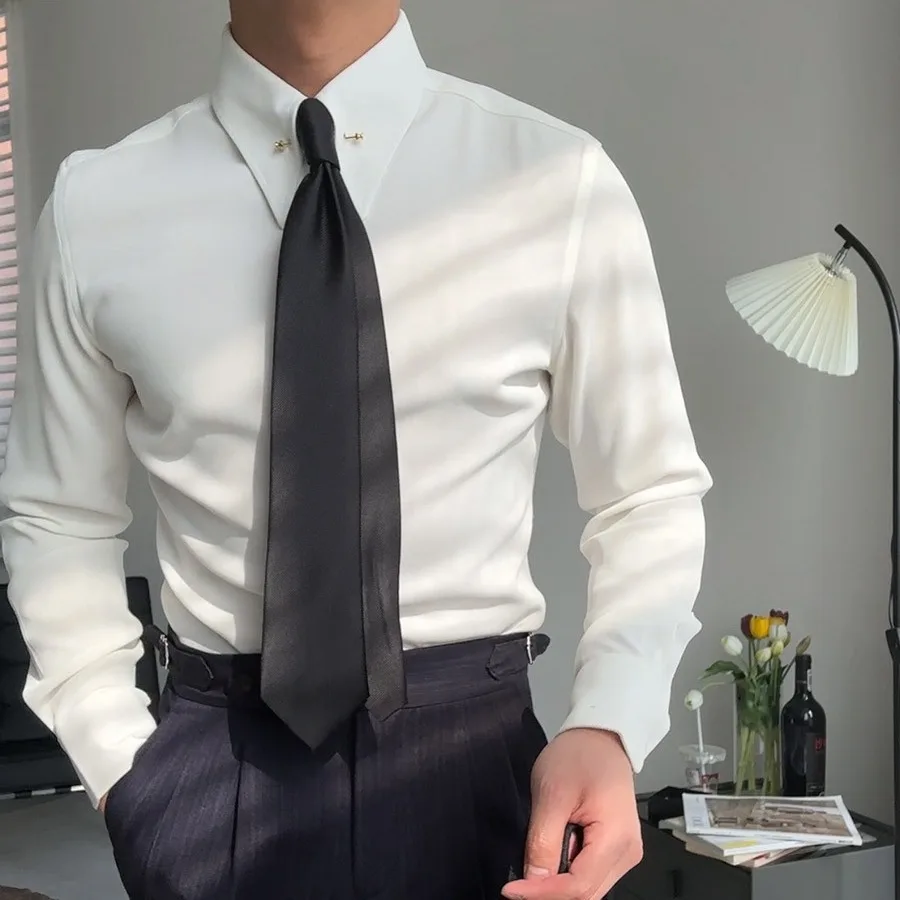 

Мужская деловая рубашка с воротником-стойкой, не требующая глажки, приталенного кроя, с длинным рукавом, на пуговицах, повседневная, из смесового полиэстера и бамбукового волокна