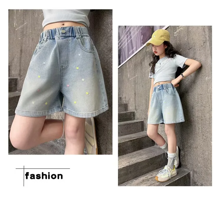 2026 Sommer Kinder-Jeansshorts für 120-170cm große Mädchen, bestickt, elastischer Bund, lässige knielange Teenager-Shorts – Detail 13