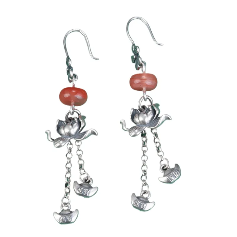 

Ethnic S925 Sterling Silver Flower South Red Agate Earrings Jewelry Vintage Long Tassel Hanging Earrings Women's Ornaments EH21