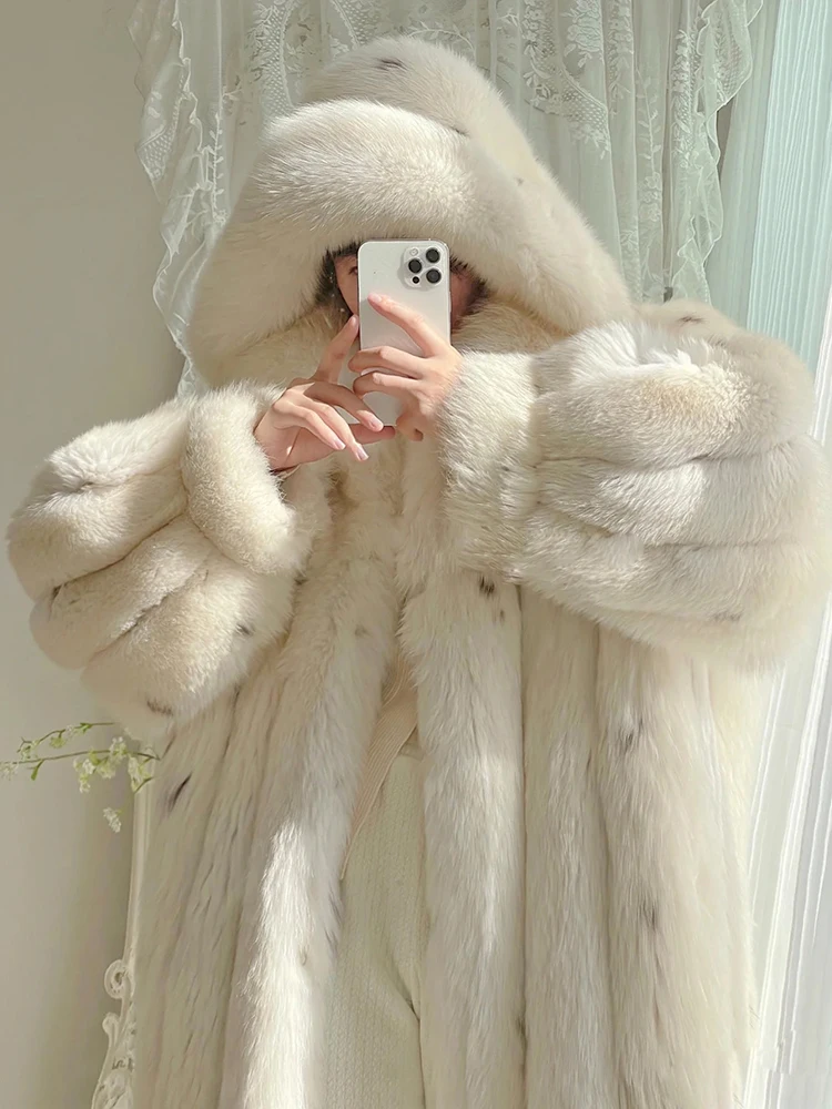 2024 Winter New Fashion Fluffy Fur Coat Women High Street Luxury Big Fur Collar Natural Real Fox Fur Jacket Female Overcoats