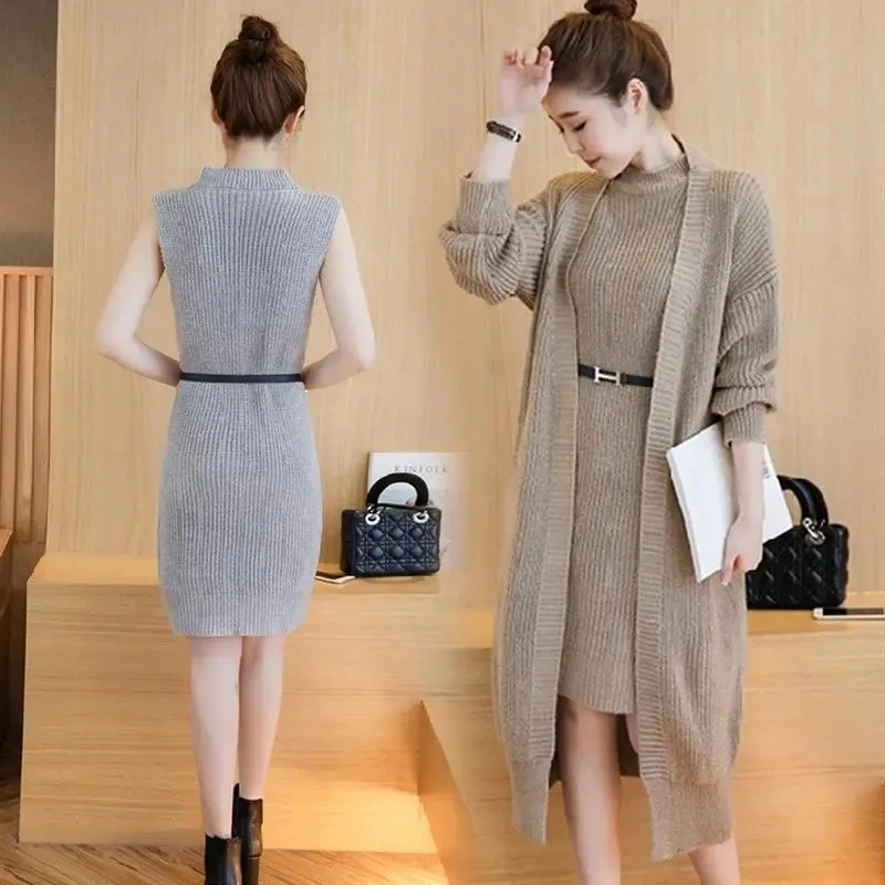 Loose Knitted Dress 2 Piece Set Casual Mid-lenght Cardigan + Sleeveless Belt Vestidos Suits Winter Knitwears Dresses Conjuntos