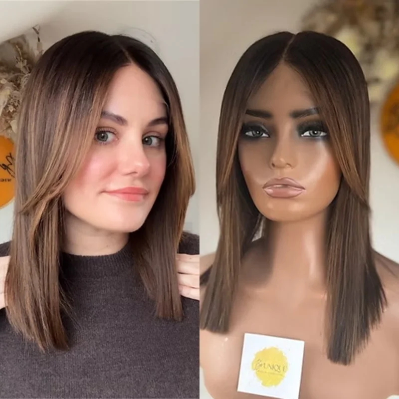 12 Inch Ombre Dark Caramel Brown Balayage Highlights HD Lace Front Wig Short Straight Bob Glueless Natural Preplucked Hairline