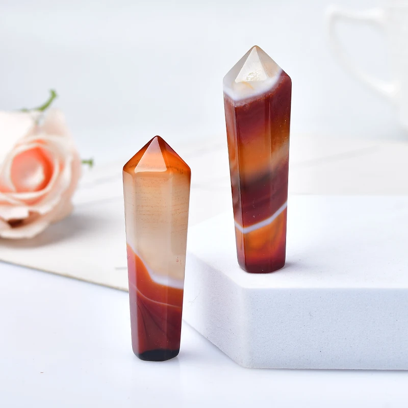 1PC Natural Carnelian Hexagonal Column Sardonyx Crystal Point Red Agate Meditation Healing Stone Tower Mineral Home Decoration