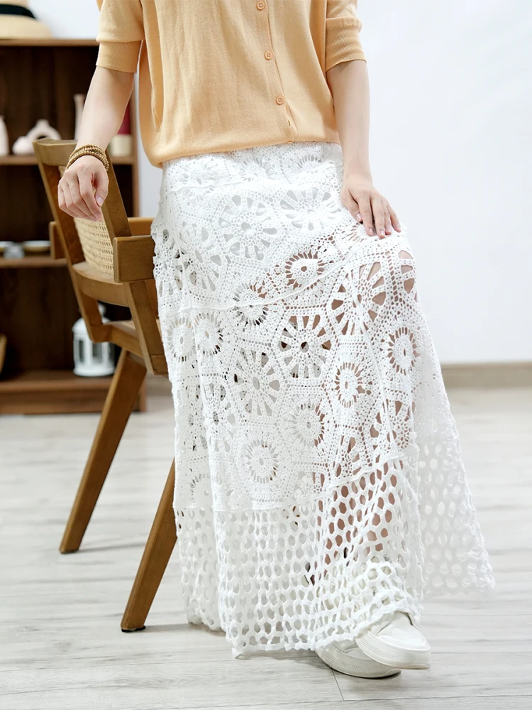 TIYIHAILEY Long Maxi Women Crochet Lace Skirts New Fashion A-line Elastic High Elastic Waist 2025 Flowers Beige White Ladies