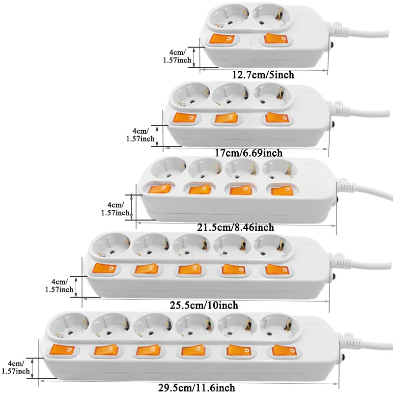 Electrical Schuko Power Strips 16A 3500W Surge Protector 2meters Extension cord 2/3/4/5/6 EU Outlets Independent Control Switche