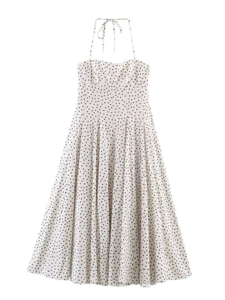

Dresses 2026 Woman Summer New Fashion Polka Dots Suspender Dress Halter Neck Solid Color Vestidos Leace-up Simple Style Trendy