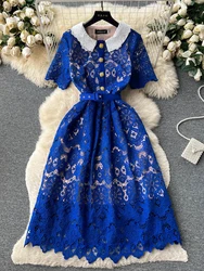 FTLZZ Summer Women Vintage O-neck Ruffled Lace Embroidery Knee-Length Dress Lady Elegant Empire Slim A-line Dress with Belt