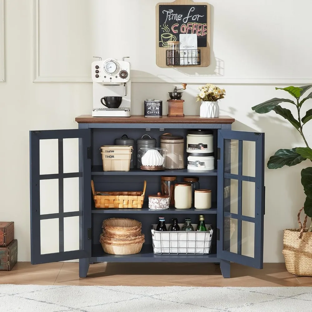 Large Sideboard Buffet Cabinet with Storage, Farmhouse Navy Blue Kitchen Coffee Wine Bar Cabinet with Glass Doors