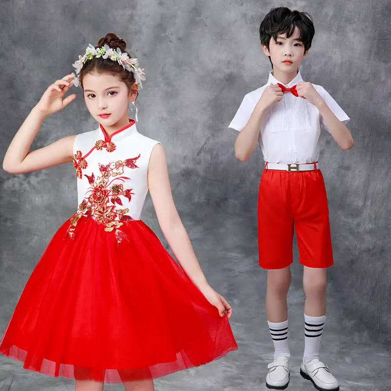 Meninos e meninas Red Song Performance Trajes de Piano, Escola Primária Estilo Chinês, Trajes de Performance Infantil