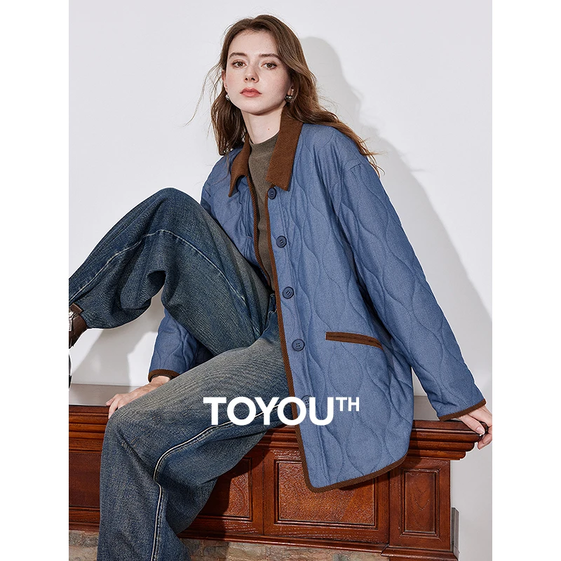 TOYOTUH Women Cotton Jacket Coat 2024 Winter New Contrasting Denim Turn Down Collar Single Breasted Button Lightweight Jacket