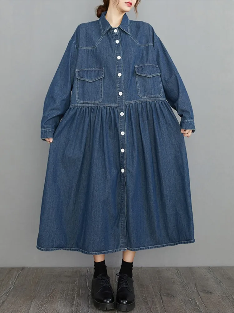 Denim Oversized Autumn Long Shirt Dress Women Ruffle Pleated Fashion Loose Ladies Dresses Long Sleeve Casual Woman Shirt Dress