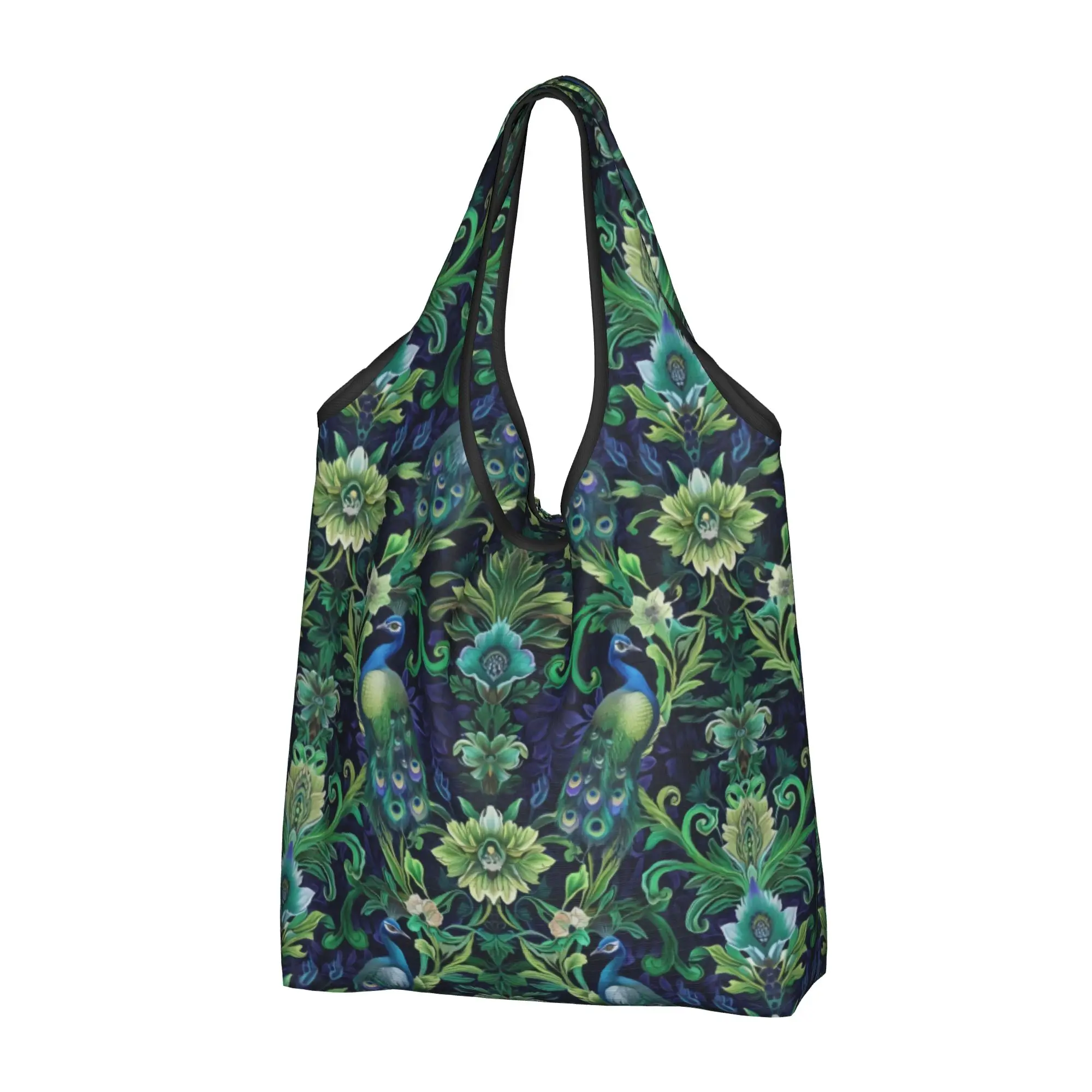 Kawaii Printing Peacock Bird Floral Flowers Blue Green Tote Shopping Bag Portable Shoulder Shopper Animal  Handbag