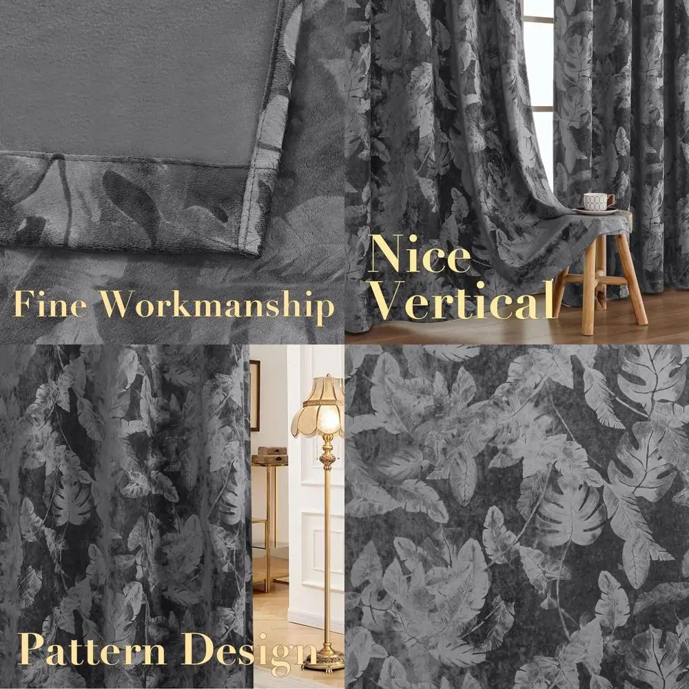 

Бархатные шторы с тисненым цветочным узором, 96 дюймов, термоизоляционные, затемняющие, на люверсах, комплект из 2 панелей, темно-серые