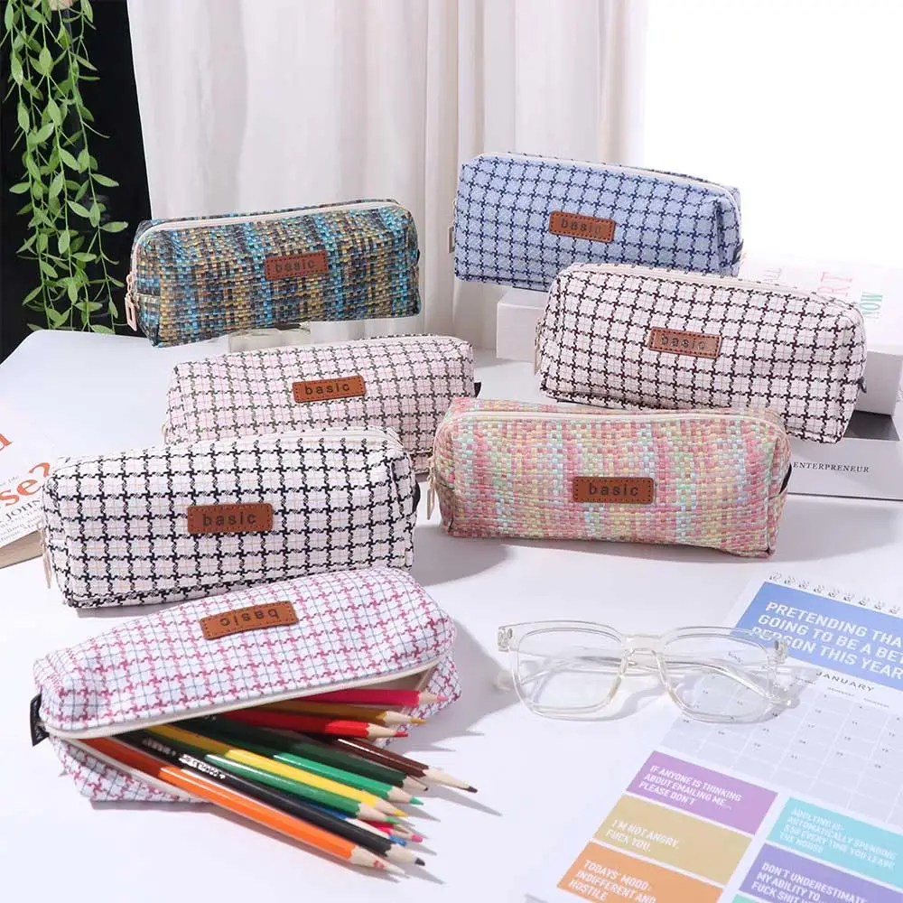 

Kawaii Woven Pencil Case Large Capacity INS Simplicity Cosmetic Storage Bag Scratch-proof Canvas Plaid Pen Bag Girls