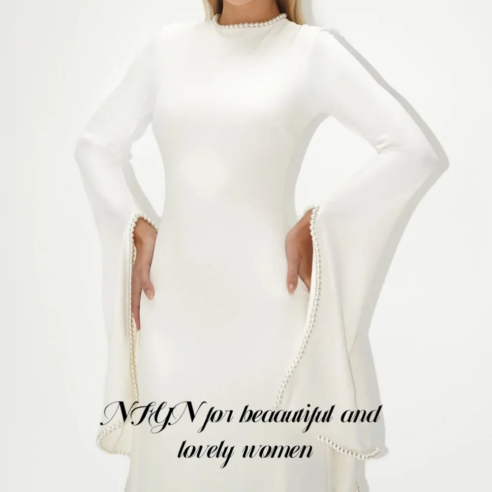 NFYN Arabia Fuchsia Evening Dress Sheer Neck Long Sleeves Satin Party Dress Ruched Formal Prom Dress Robes De Soirée Customized