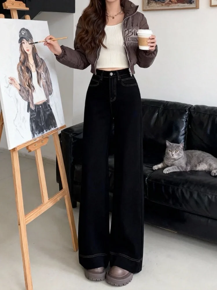 جينز Bla Fce مبطن بأرجل واسعة سروال نسائي شتوي للتخسيس للجسم على شكل كمثرى عالي الخصر من قماش الدنيم الأمريكي