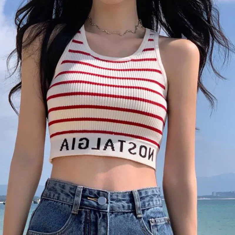 Women Stripes Sexy Slim Crop Top Letter Printed Sports Summer Tank Top Y2k Sleeveless Street Camis Beach Top Spring 2024