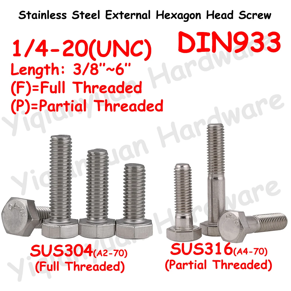 

Yiqianyuan 1/4-20 UNC DIN933 Hexagon Head Screws 304/316 Stainless Steel External Hexagon Head Bolts Full/Partial Threaded