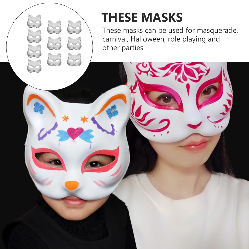 10Pcs DIY Painting Cosplay DIY Unpainted Masks White Paintable Cat White Face Paper Masks Animal Masquerade Prop for Party