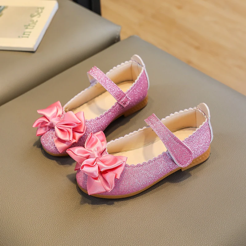 Girls Plus Size Sequined Bow Decorative Flat Shoes Spring and Autumn Princess Sweet Style Round Head Small Leather Shoes.
