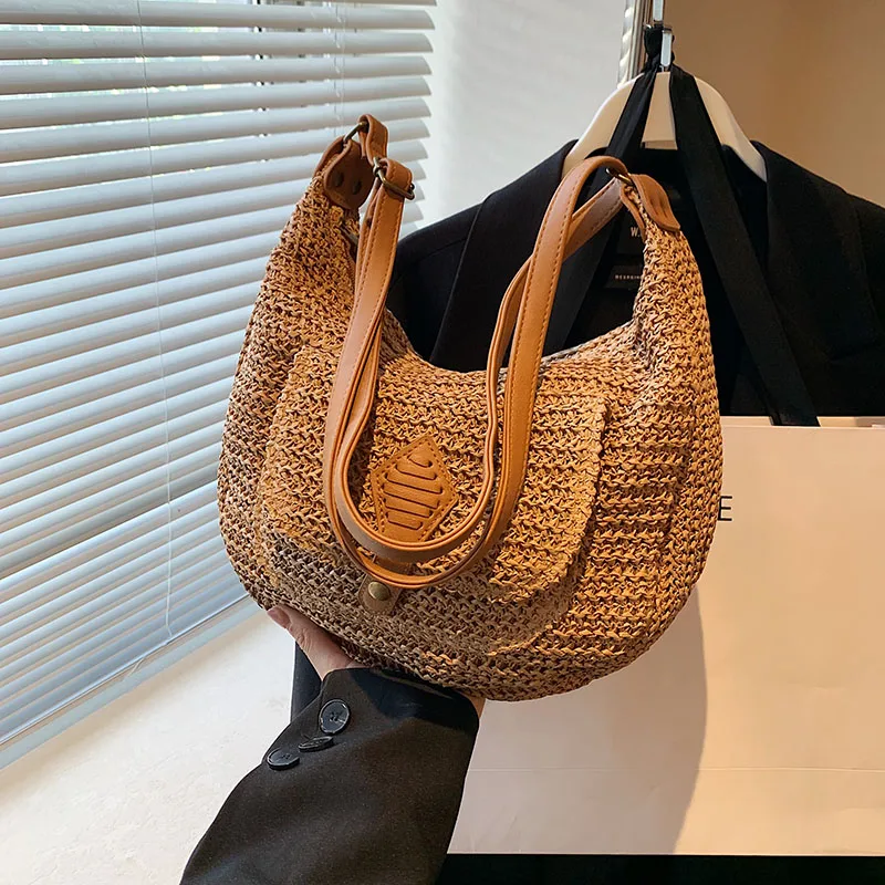 2024 New Grass Woven Women\'s Bag Single Shoulder Crossbody Handbag Large Capacity Vacation Bag Beach Bag