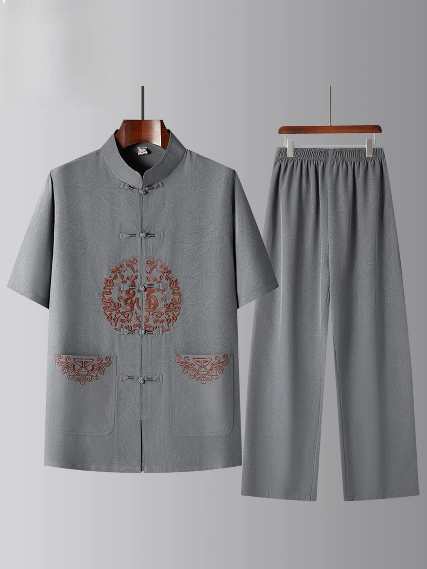 Conjunto Masculino de Seda Amoreira TUCANO de Manga Curta para Idosos e Meia-Idade - Roupa Estilo Papai - Terno de Duas Peças