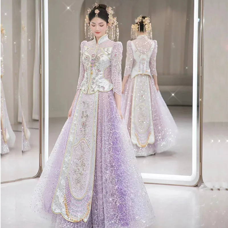 

Summer Purple Xiuhe Bridal Dress 2024 New Chinese Toasting Retro Luxury Women's Sequin Wedding Dress Elegant Tassel Tang Suit