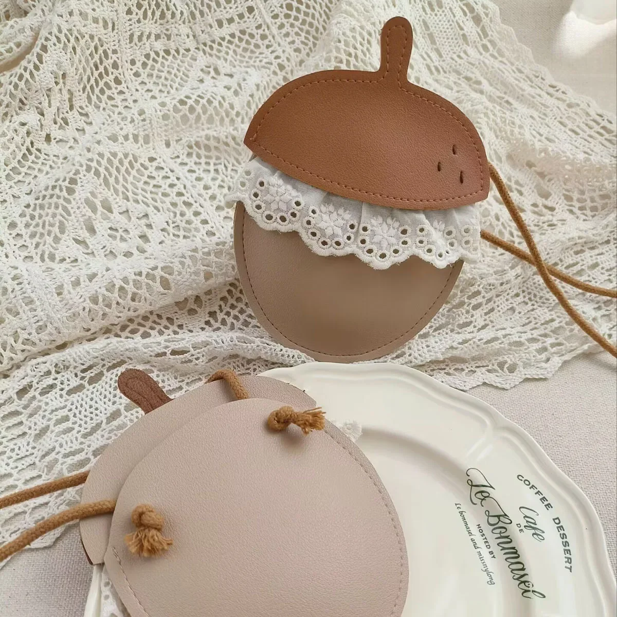 New Cartoon Sweet Mini Kids Bags for Toddler Girls Cute Acorn Crossbody Bag PU with Lace Creative Handmade Bags Children\'s Gift