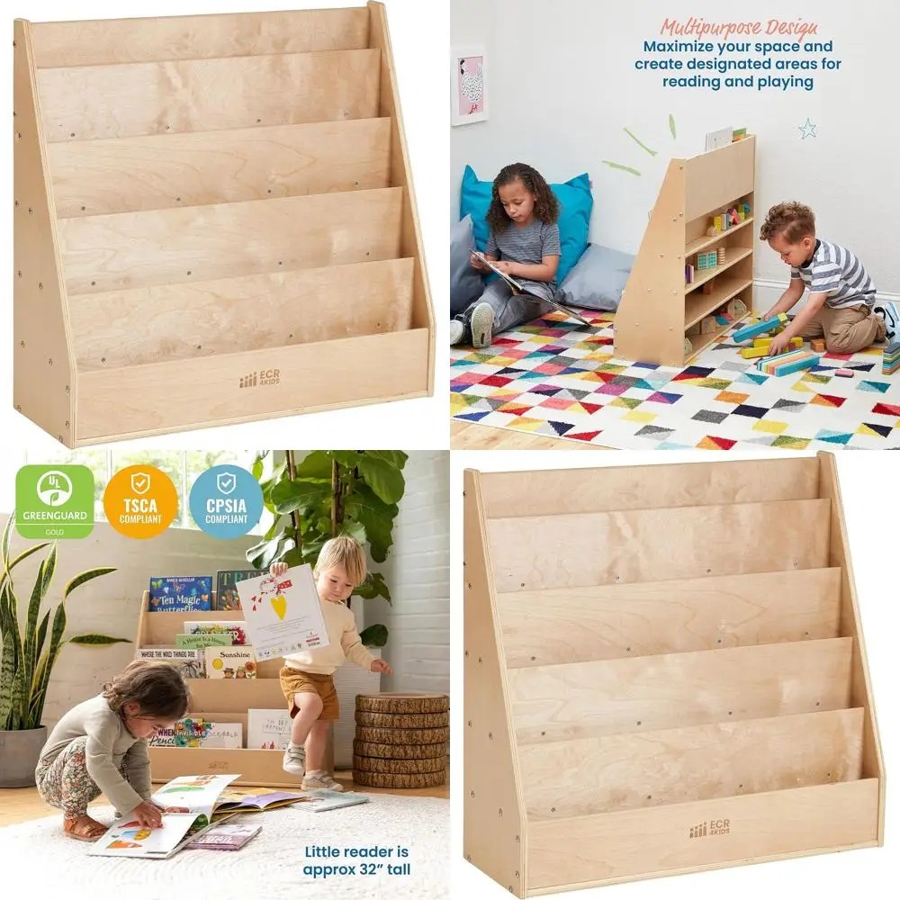 Streamlined One-Sided Bookcase with Storage, Educational Shelf, Natural Finish