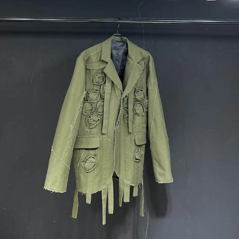 SuperAen Original Design Green Streamer Suit Handmade Flower Spring and Summer Casual New Splicing Jacket Top