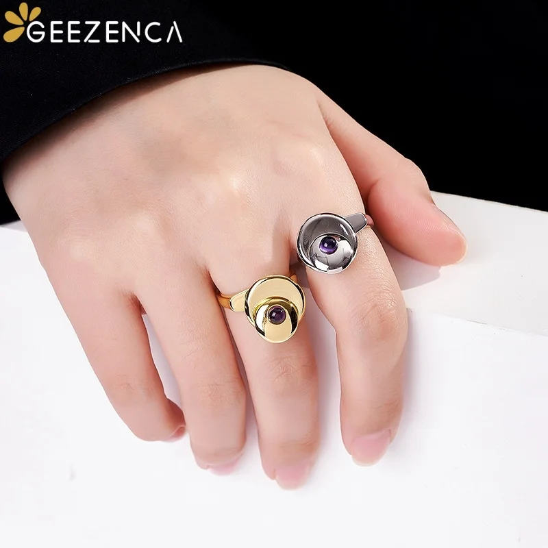 GEEZENCA 925 Sterling Silver Amethyst Birthstone Duo Round Wide Open Ring Women Rotatable Disc Trendy Statement Rings Party Gift