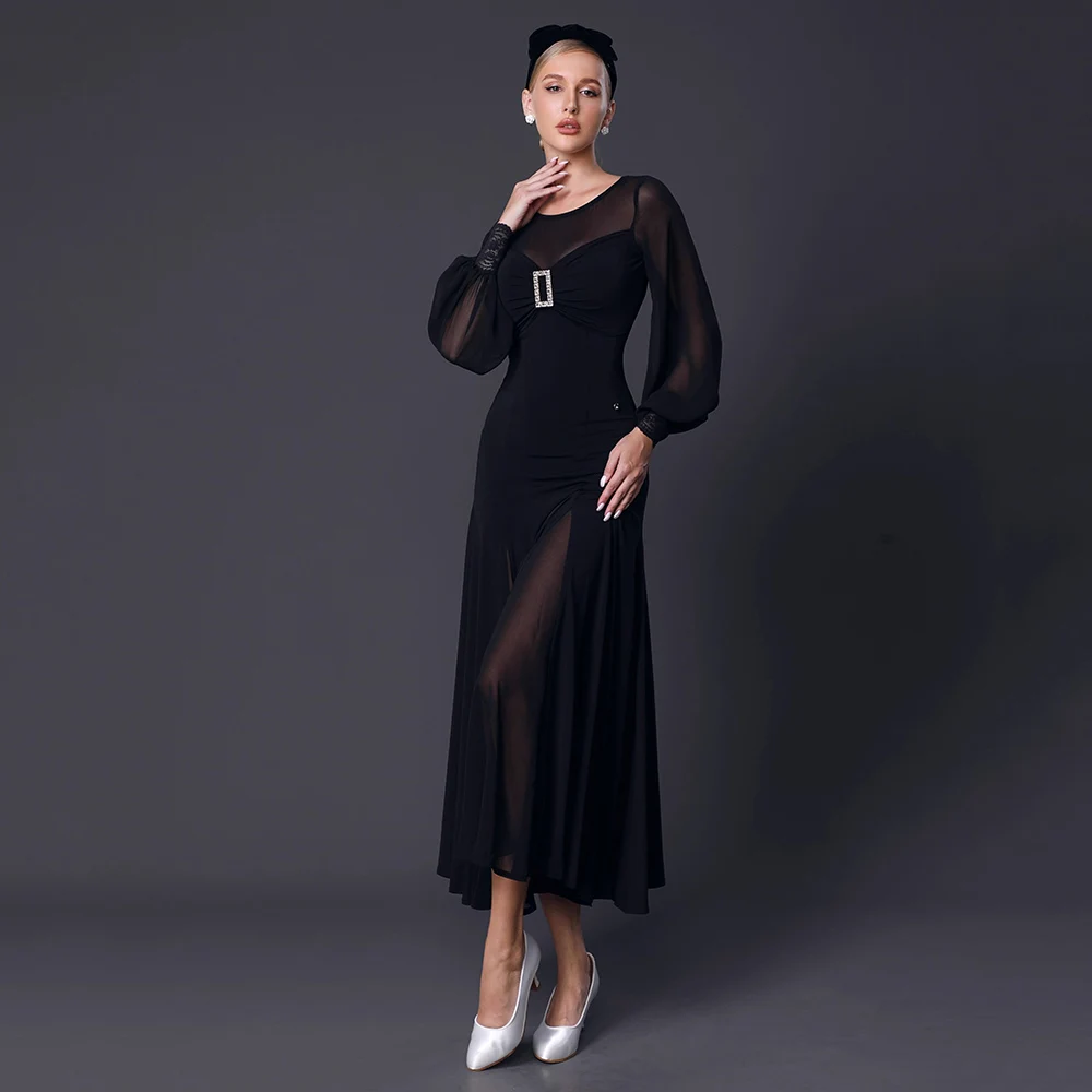 Personalizado 2025 novo vestido de dança de salão feminino competição trajes de dança moderna manga longa padrão valsa vestidos palco wear