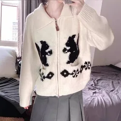 Harajuku Cute Rabbit Lapel Neck Sweaters Mujer 2024 Early Autumn New Knitted Cardigan Y2k Long Sleeve Zipper Tops Women