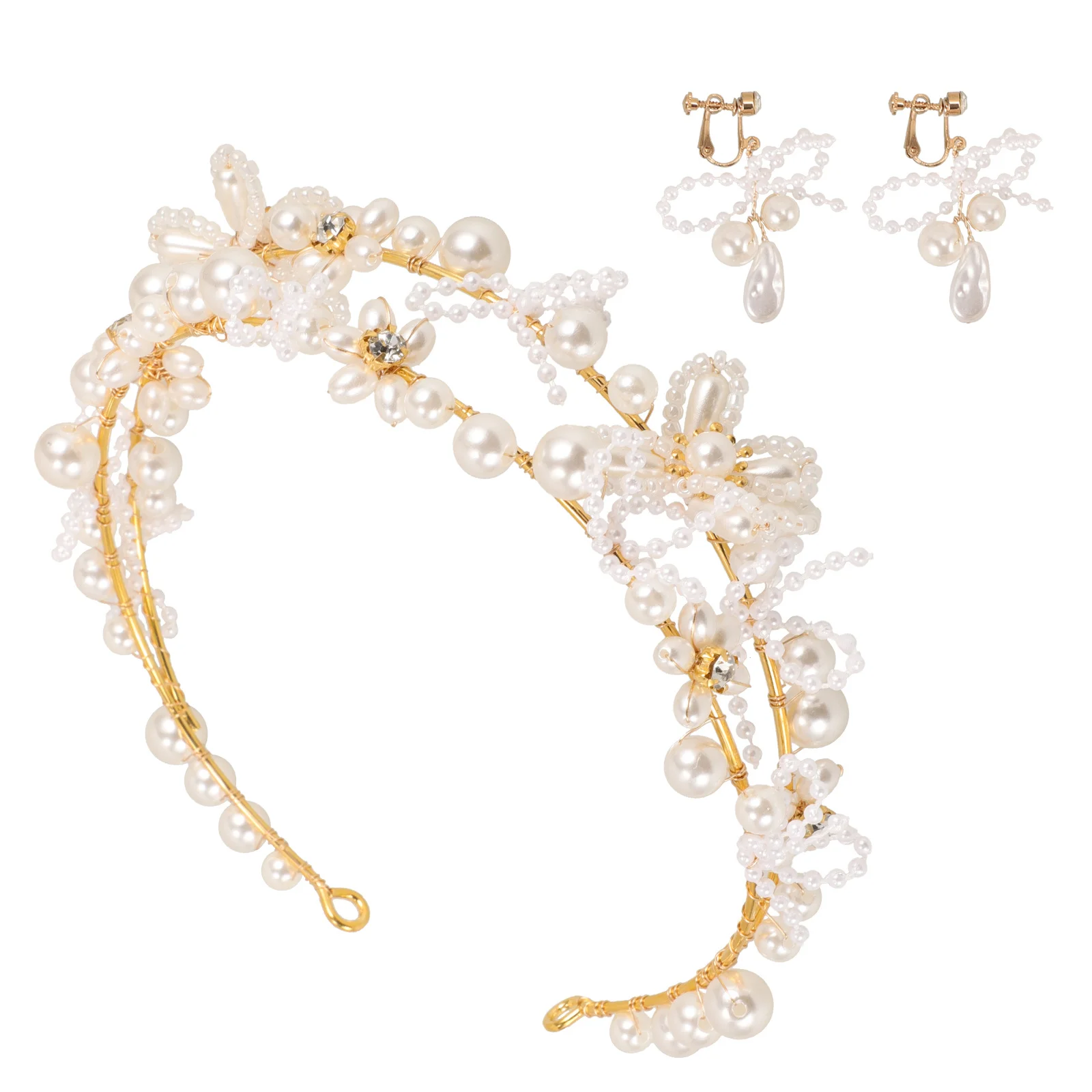 

1Set Bride Jewelry Set Pearl Crown Headpiece Earrings for Wedding Bridal Ensemble Elegant Sophisticated Look Fairy Tea Party