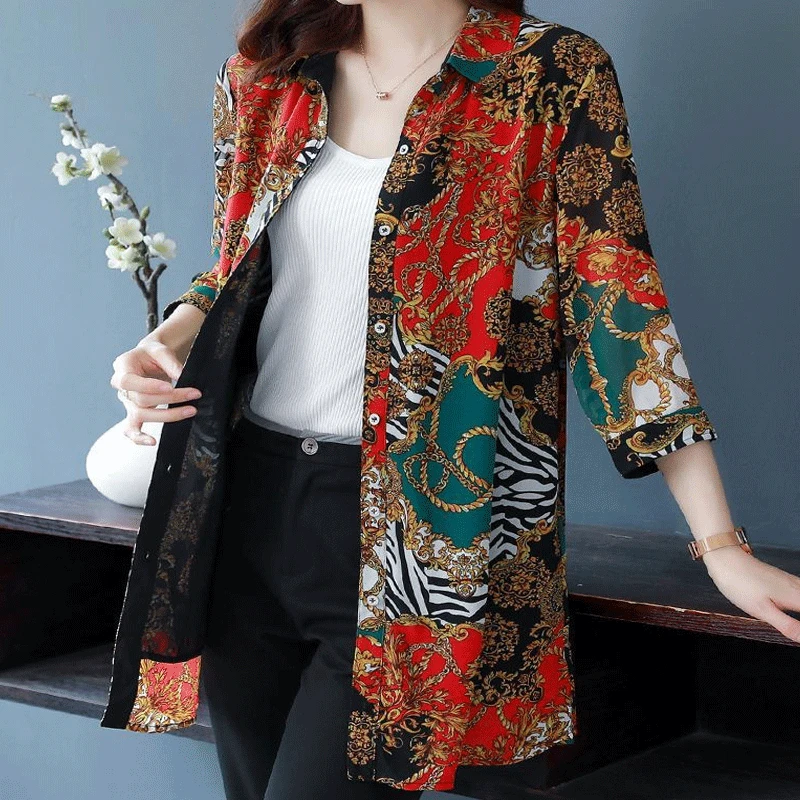 2023 Spring New Printed Oversized Women\'s Clothing Medium and Long Polo-Neck Single-breasted Loose Commute Simplicity Blouse