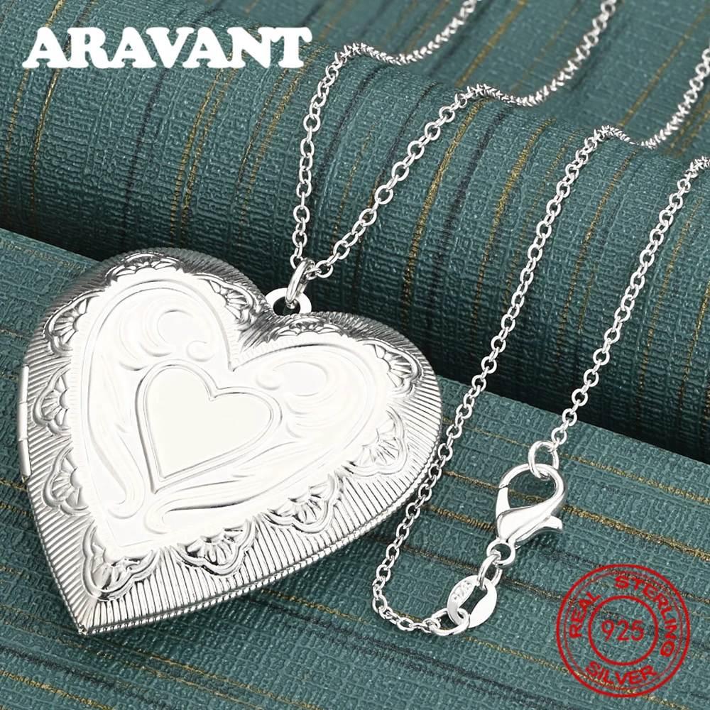 925 Sterling Silver Floral Carved Double Heart Box Pendant Necklace For Women, Commuter Accessories, Christmas Gifts, Jewelry