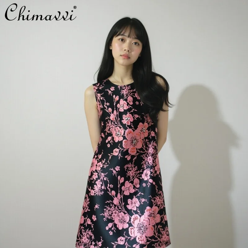 

2026 Spring New Chinese Style Round Neck Sleeveless Beading Embroidery High Waist A-line Elegant Fashion Short Dress for Women