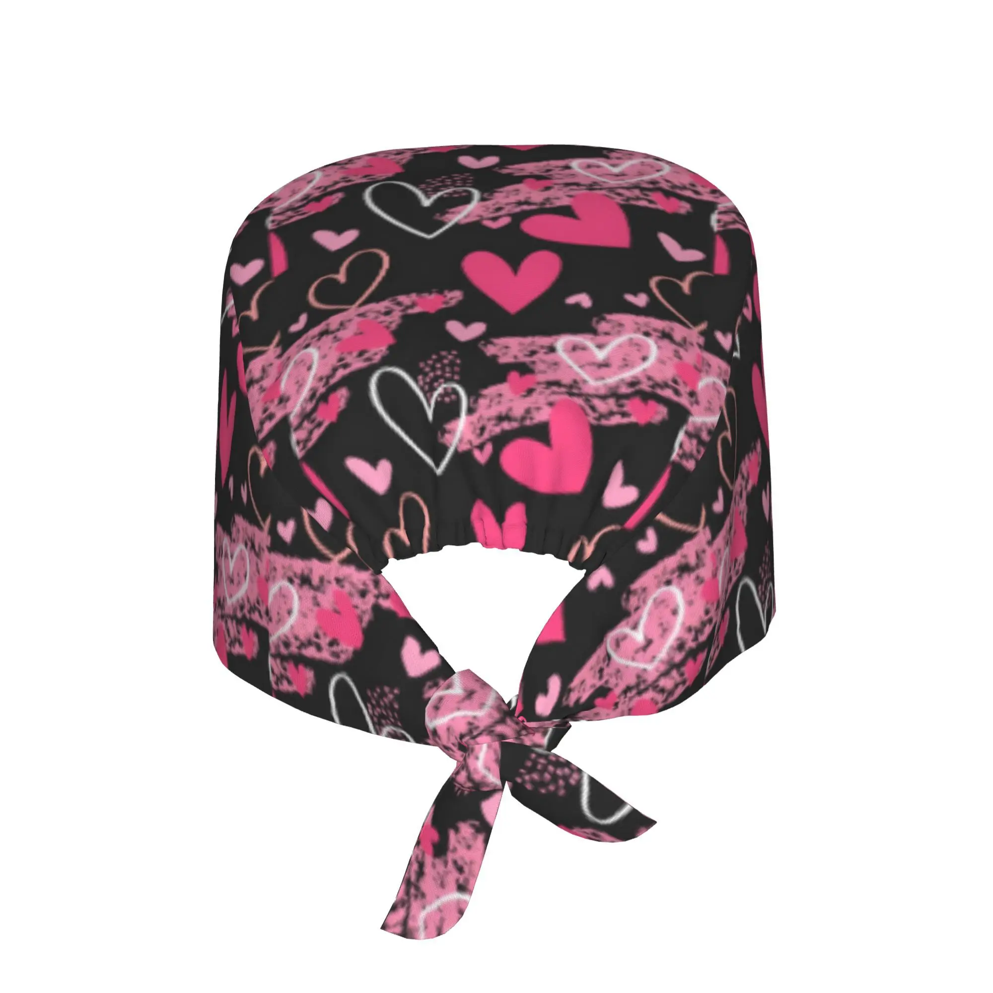 Pink Heart Print Scrub Cap Black Pink Love Pattern Hat Adjustable Medical Work Cap for Nurses Valentine's Day Themed