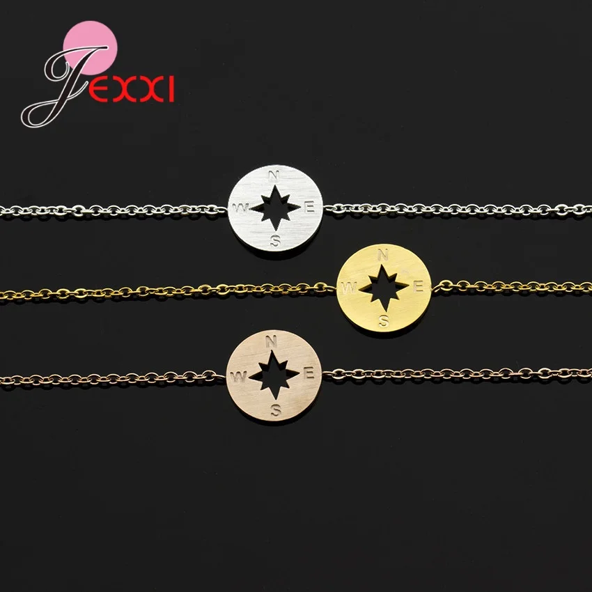 925 Sterling Silver Compass Pendant Bracelets For Women Lover's Rose Gold Color  Round Charm Choker Fine Jewelry Gift