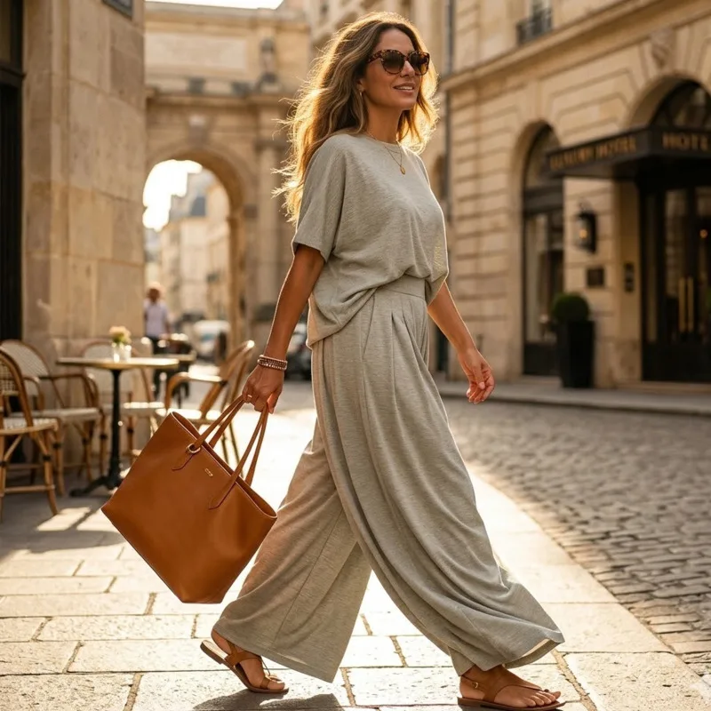 Solid Color Casual Loose Comfortable Crewneck Top With Wide Leg Pants Set For Women Cozy Everyday Home Office Travel Outfit Gift