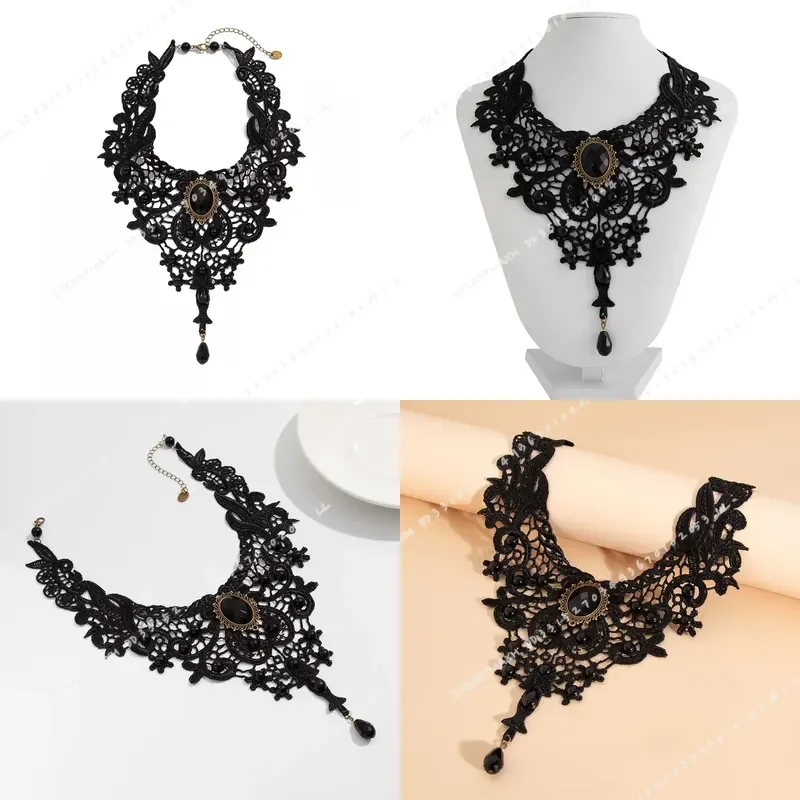 Fashion Vintage Black Lace Bead Necklace Gothic Steampunk Style Stone Collar Pendant Jewelry for Women
