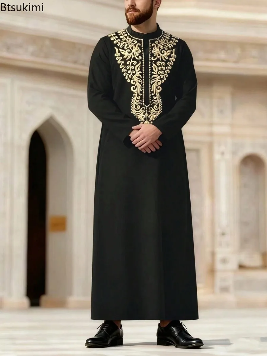 Pakaian Pria Muslim Timur Tengah, Busana Muslim Abaya Lengan Panjang Bersulam, Jubah Longgar Kerah Tegak, Gaya Etnik Jubba Thobe Pria