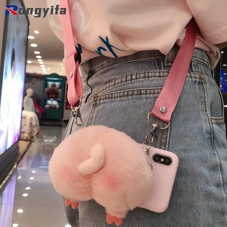 Cute Pig Plush Wallet Phone Case For Samsung Galaxy S23 FE A24 A04 A04E A14 4G A54 5G S23 S22 Ultra S23+ Cover Unicorn + Lanyard