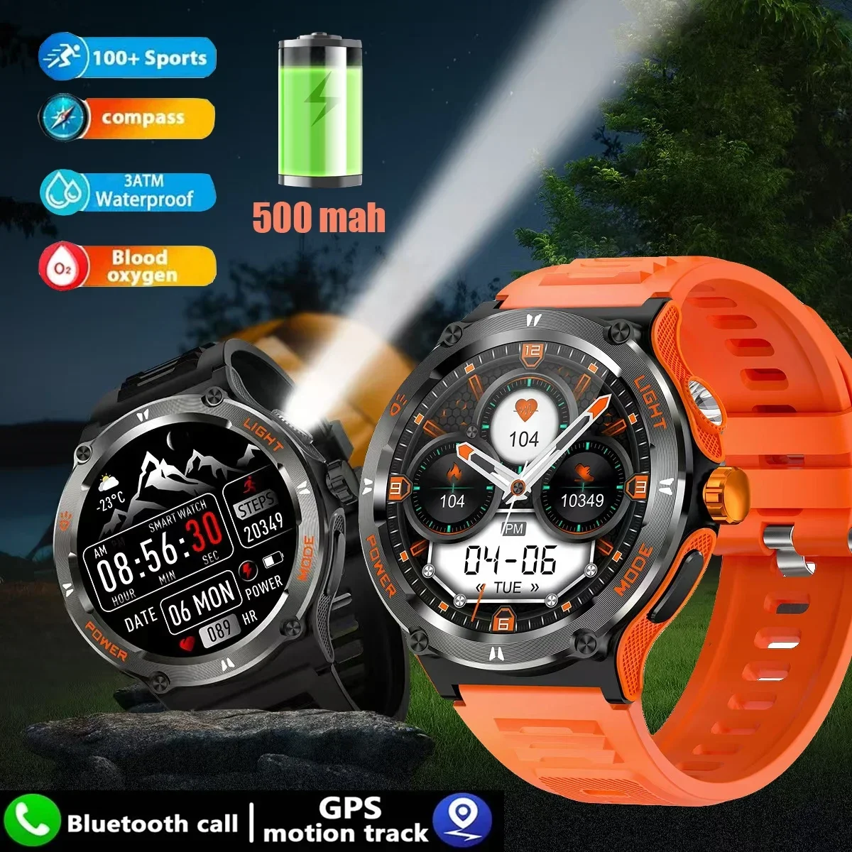 

Military Outdoor Smart Watch for Men 3ATM Waterproof. Equipped with GPS Compass LED Flashlight Heart Rate Monitor Bluetooth Call